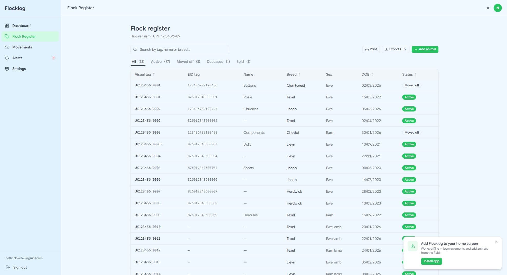 Flocklog flock register listing all animals with EID tags, breed, sex and compliance status
