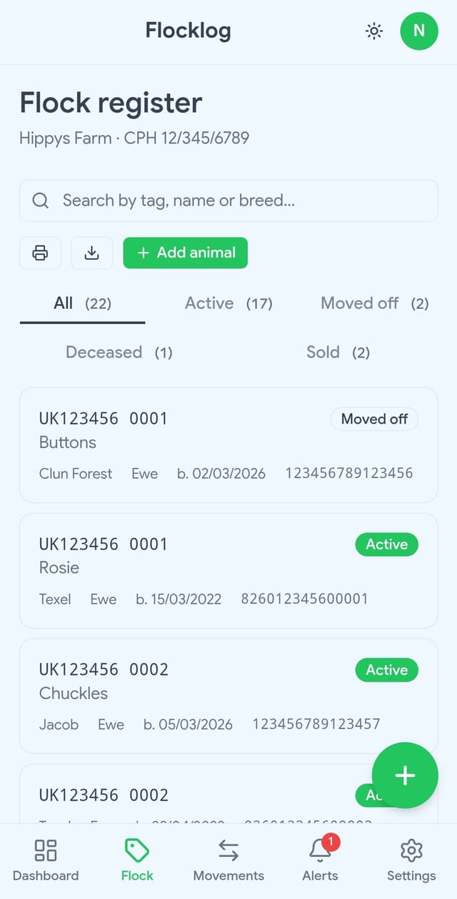 Flocklog flock register on mobile